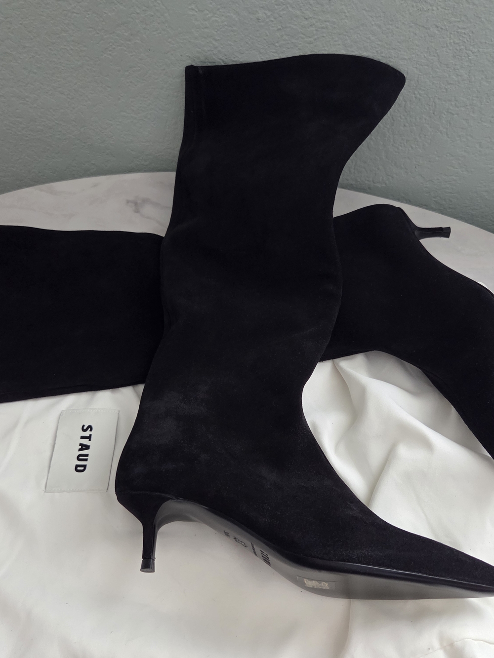 STAUD Black Suede Pointed-Toe Kitten Heel Boots